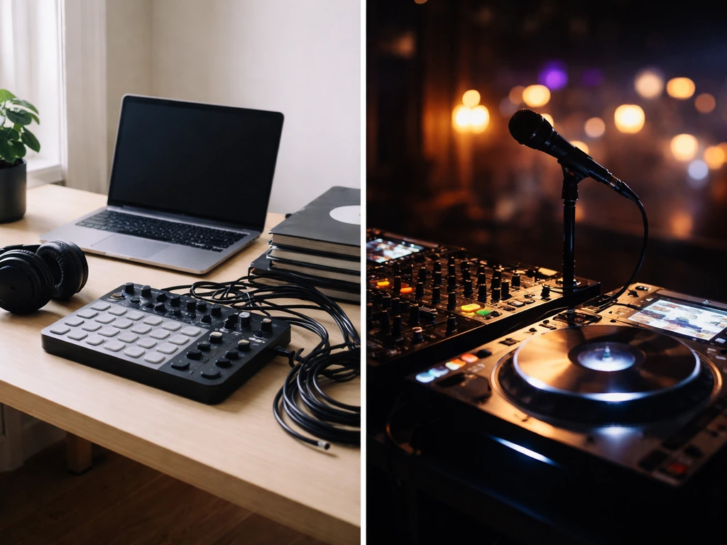 Minimal split scene: studio desk with music gear on one side and DJ booth equipment with city lights on the other.