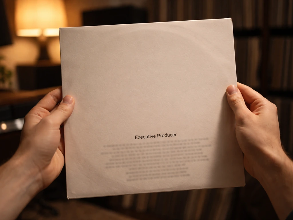 Close-up of a vinyl record sleeve credit block with an executive producer line, hands holding it