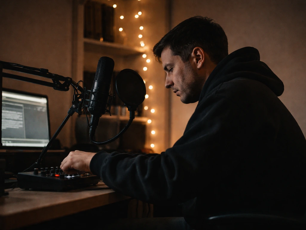 Anonymous musician in a home studio with a microphone and audio gear, music-project vibe.