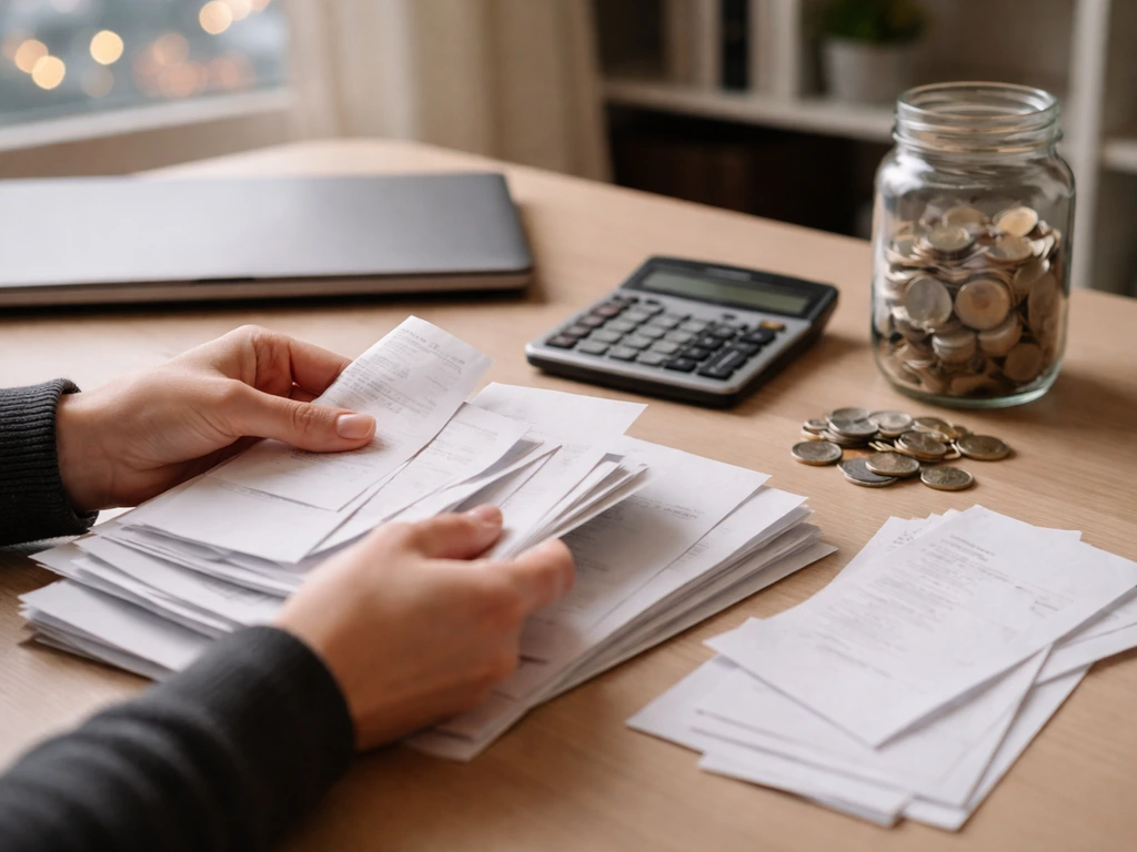 Anonymous hands sorting blank documents, receipts, coins, and calculator on a minimalist desk.