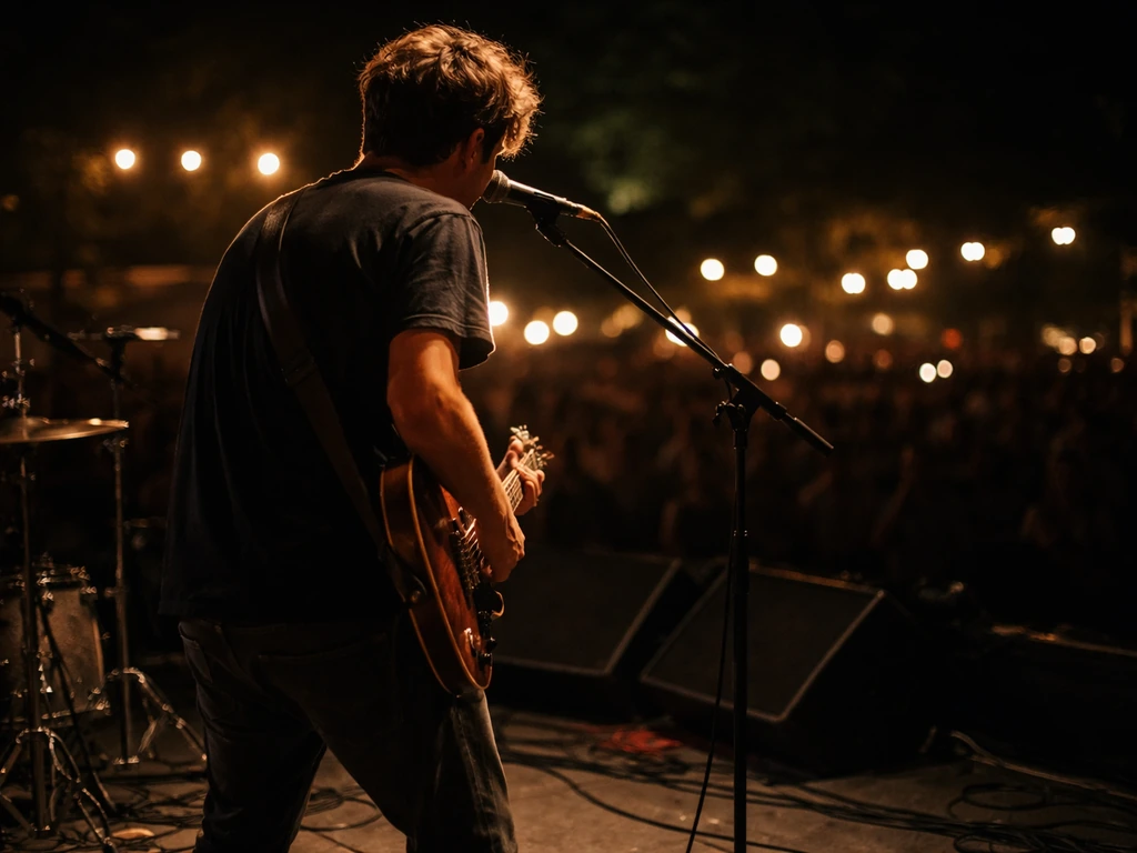 Anonymous musician performing with electric guitar on stage under warm lights at a nighttime concert.