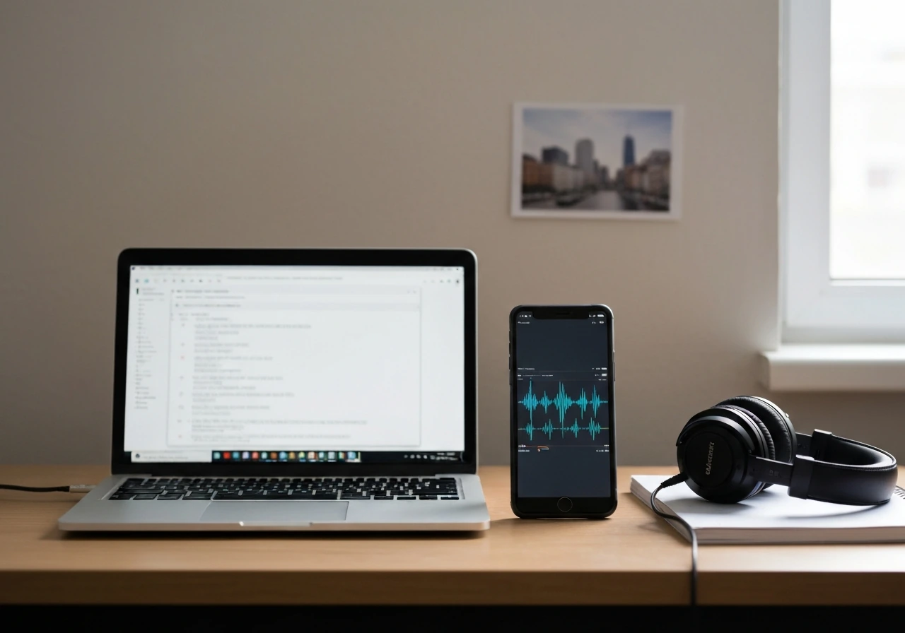 Minimal analyst desk with laptop and phone showing blurred music signals used to estimate earnings.