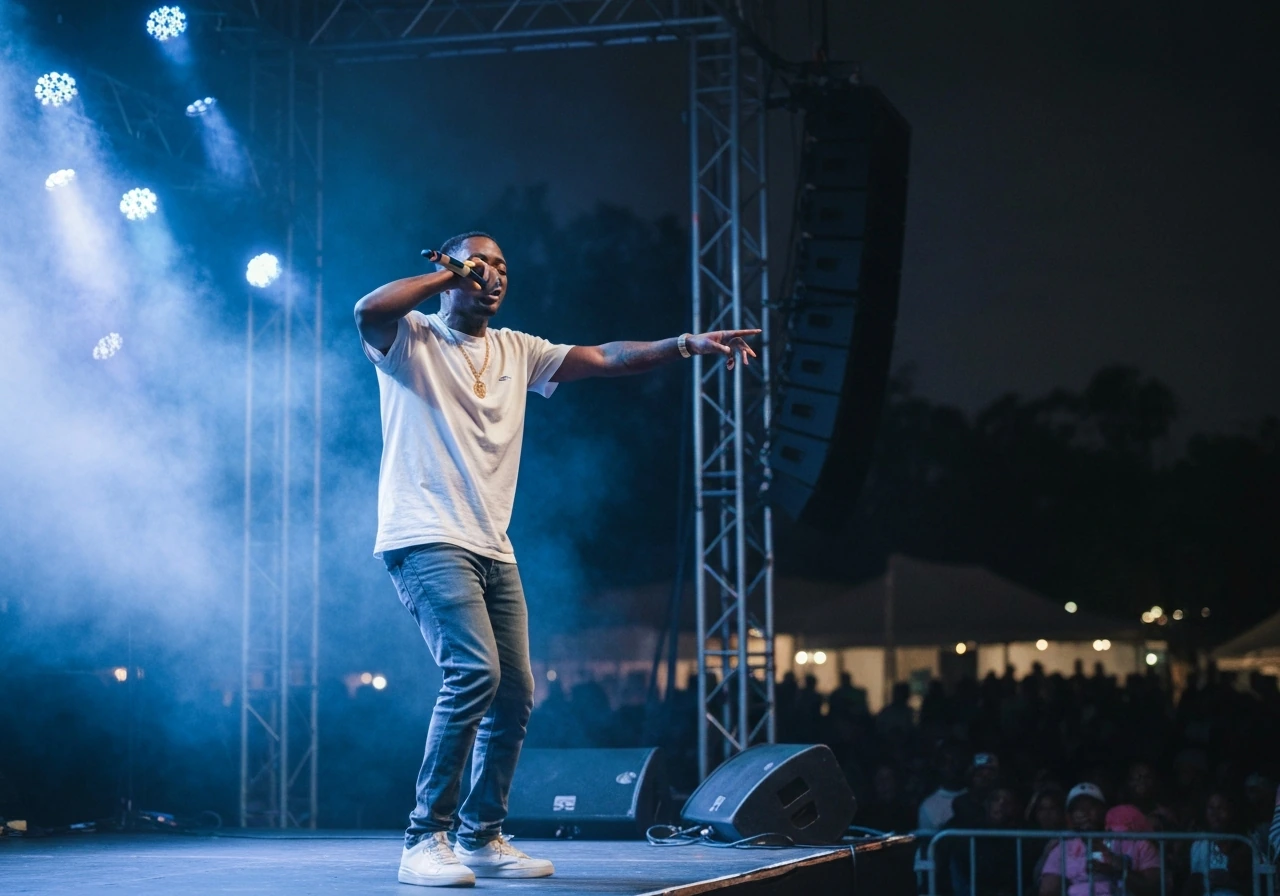 South African hip-hop performer singing to a crowd under colorful stage lights.