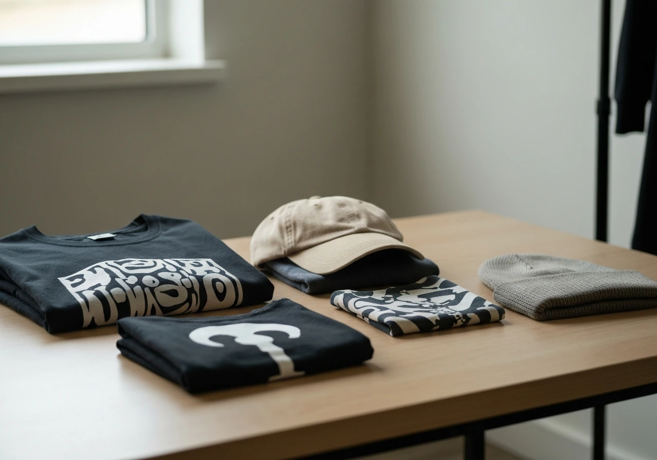 Folded branded music merch on a wooden table, concept of merchandise revenue and fan loyalty.