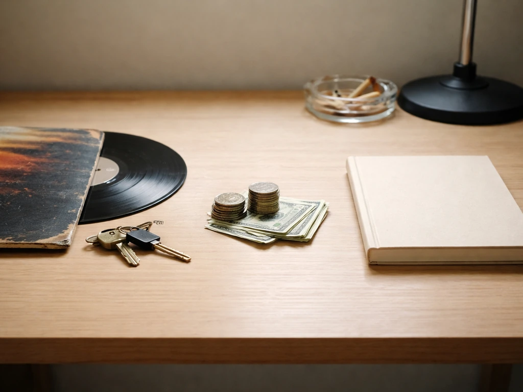 Minimal studio desk scene with cash-like props and a blank ledger showing balance concept without numbers.