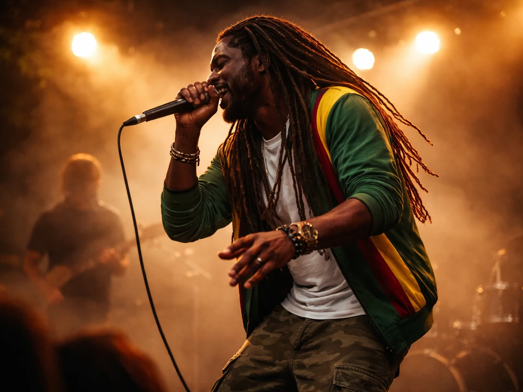 Anonymous reggae performer singing into a microphone under warm stage lights at an outdoor live show