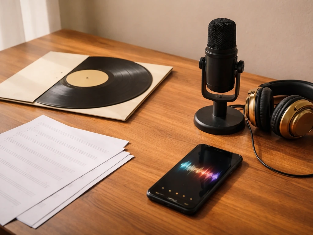 Minimal desk scene with a vinyl record and music streaming device lights suggesting music royalties.