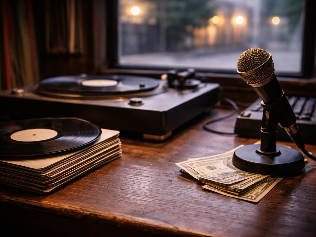 Minimal photo of a reggae artist’s career and wealth concept: studio desk with vinyl and money notes
