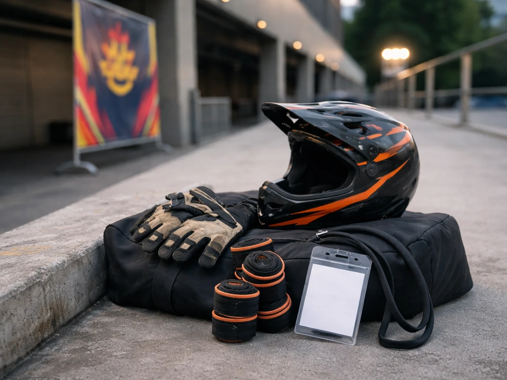 BMX gear on a venue loading ramp with a blurred sponsor-style banner in the background.