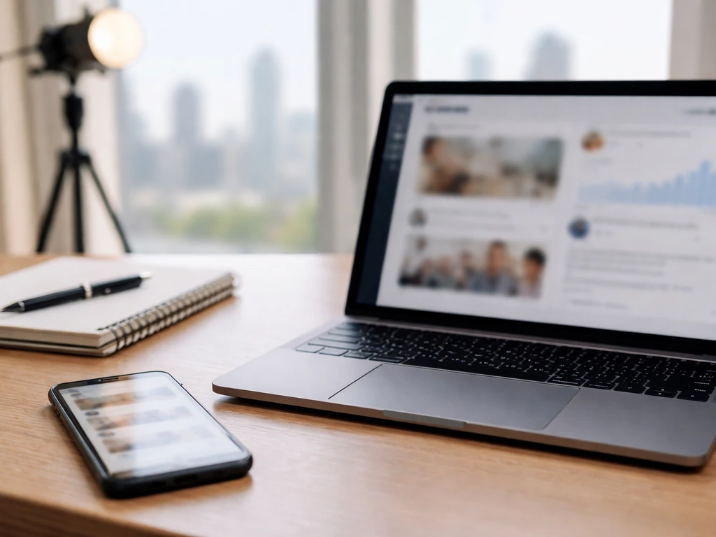 Minimal desk scene with smartphone and open laptop showing generic financial and event browsing cues