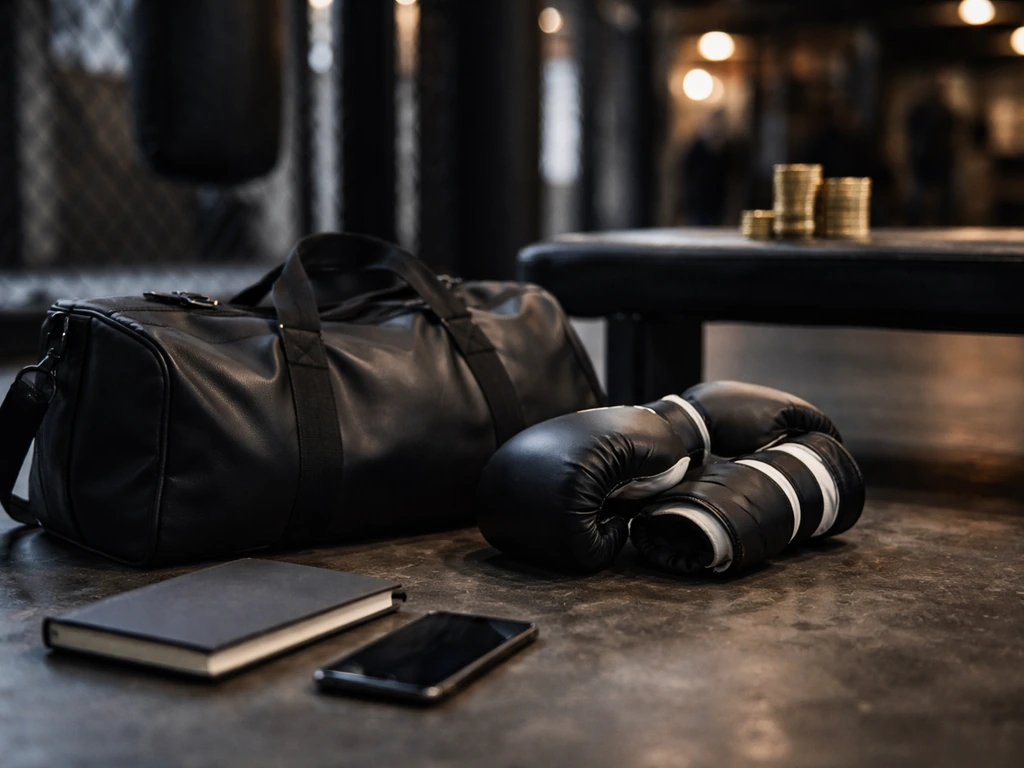 Black duffel bag and boxing gloves in a UFC gym corner with a coin stack, symbolizing wealth and earnings research.