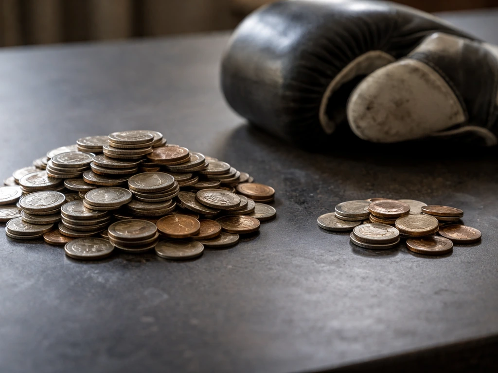 Close-up of two coin piles with a boxing glove, visually contrasting show purse vs performance bonus.