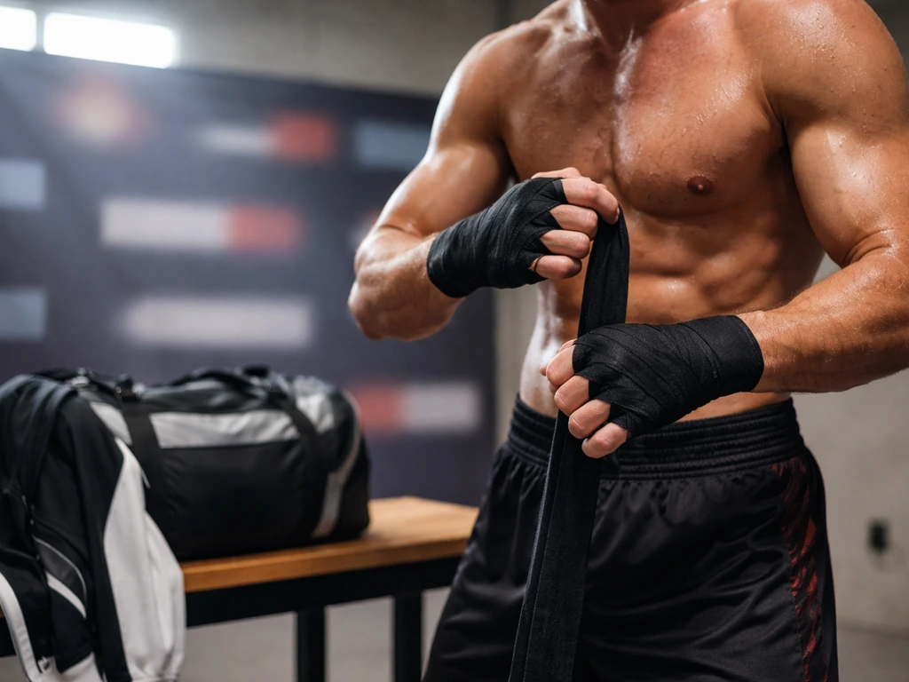 Anonymous MMA fighter wrapping hands in a gym with a blurred sponsor-themed backdrop and branded gear.