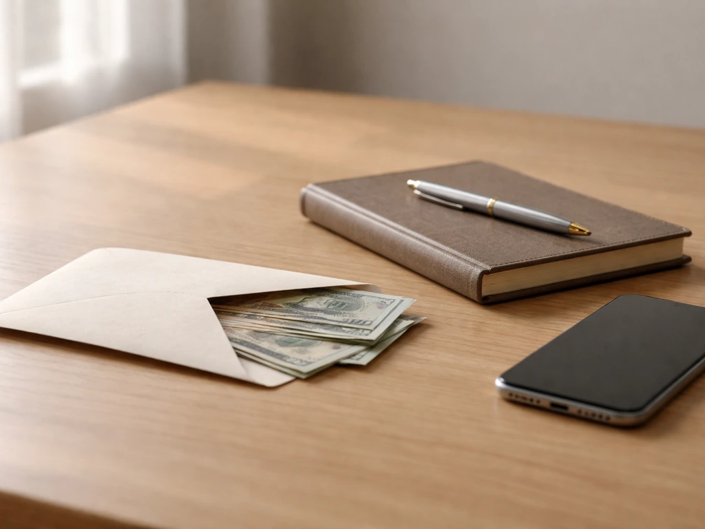 Minimal photo of a money envelope and a small investment ledger on a desk beside a smartphone, symbolizing cashflow vs a
