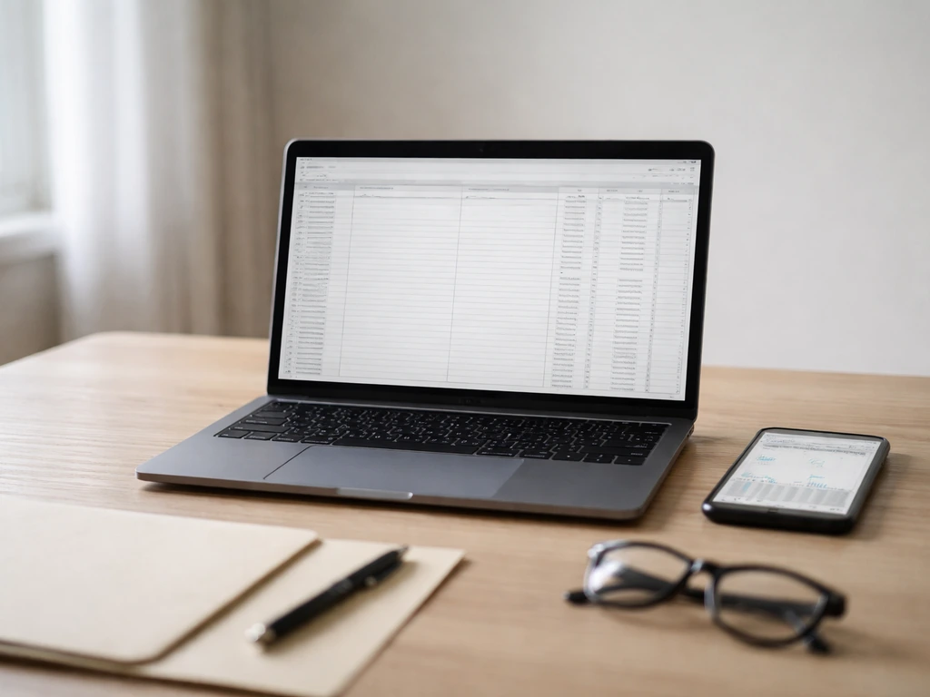 Minimal desk scene with laptop open to finance and public-records style pages, suggesting self-verification.