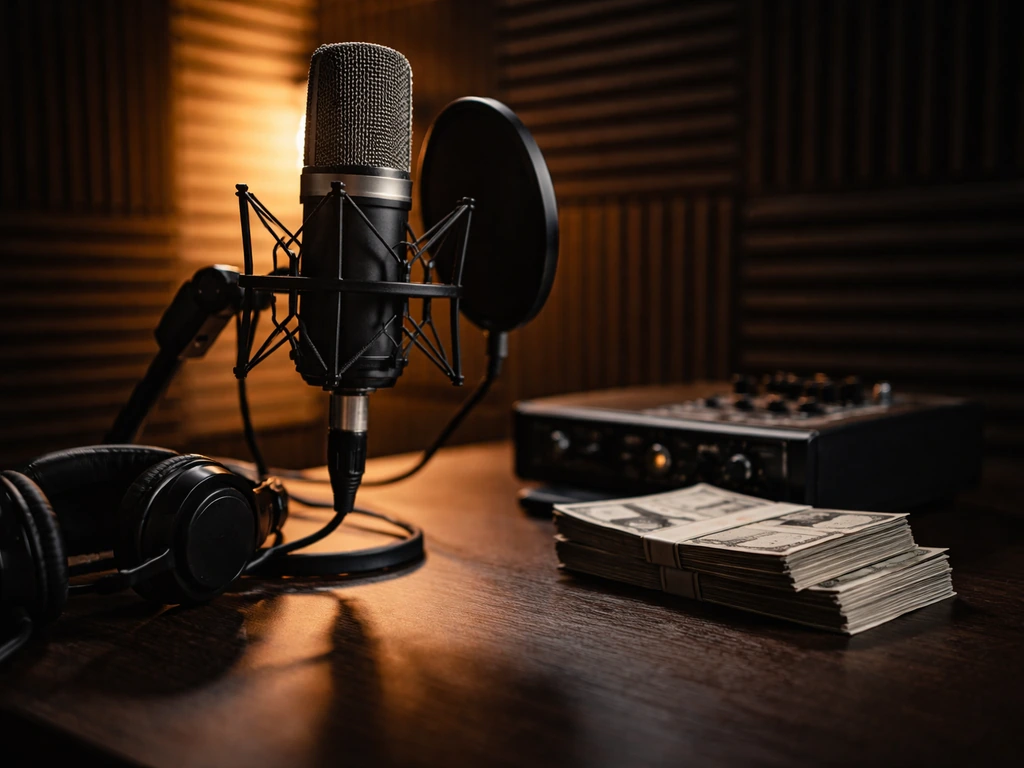 Unoccupied hip-hop recording studio desk with microphone, headphones, and tucked cash prop suggesting net worth themes.