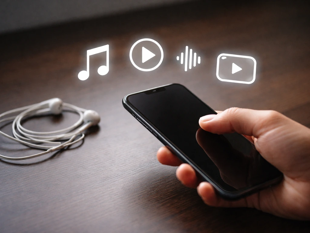 Minimal scene with a smartphone, earbuds, and a music note icon-shaped lighting for streaming, beats, licensing, and You