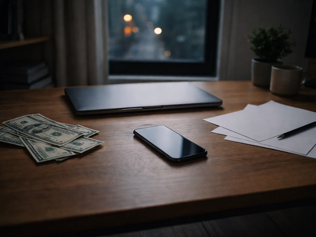 Minimal desk scene with scattered cash and blank paperwork to suggest uncertain financial records