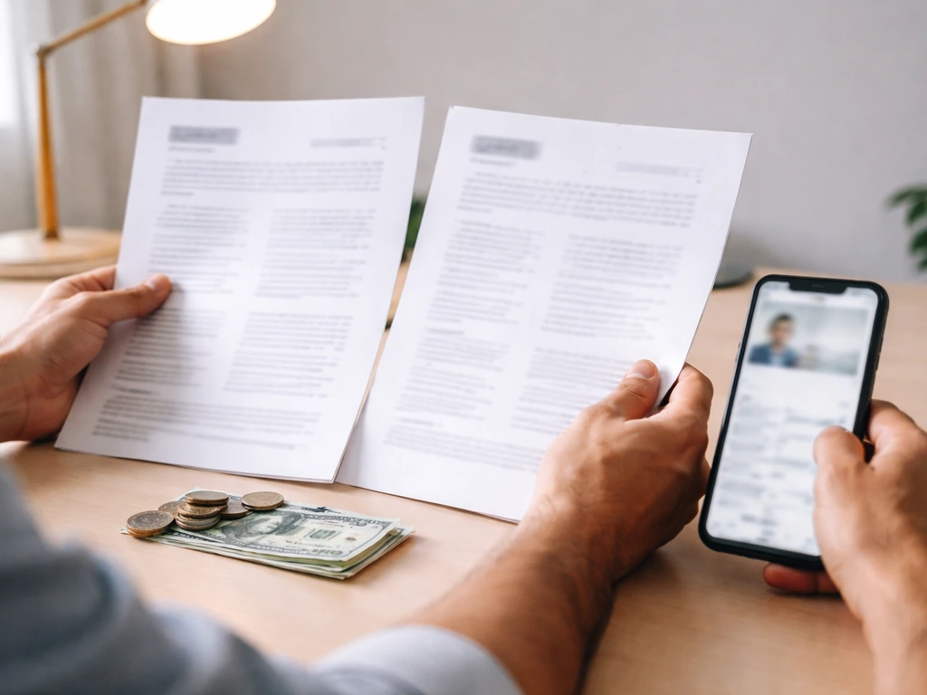 Hands comparing documents and money on a desk with a smartphone, symbolizing net-worth verification.