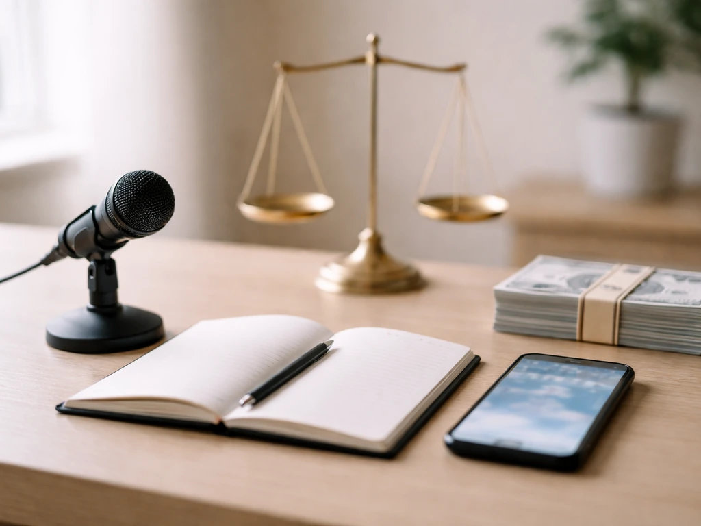 Minimal studio desk with microphone, blurred phone, and a small balance scale symbolizing a net worth range.