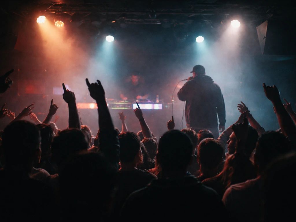 Crowd and stage in a small nightclub during a hip-hop performance, moody lights and raised hands.