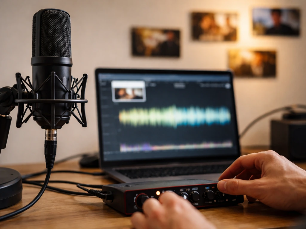 Anonymous producer at a home studio desk with microphone and laptop, evoking sync licensing concepts.