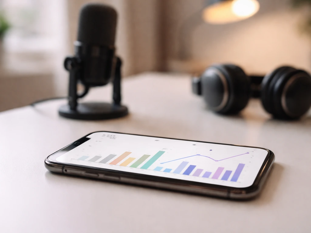 Minimal desk scene with a smartphone showing an analytics-style monetization dashboard with no readable text.
