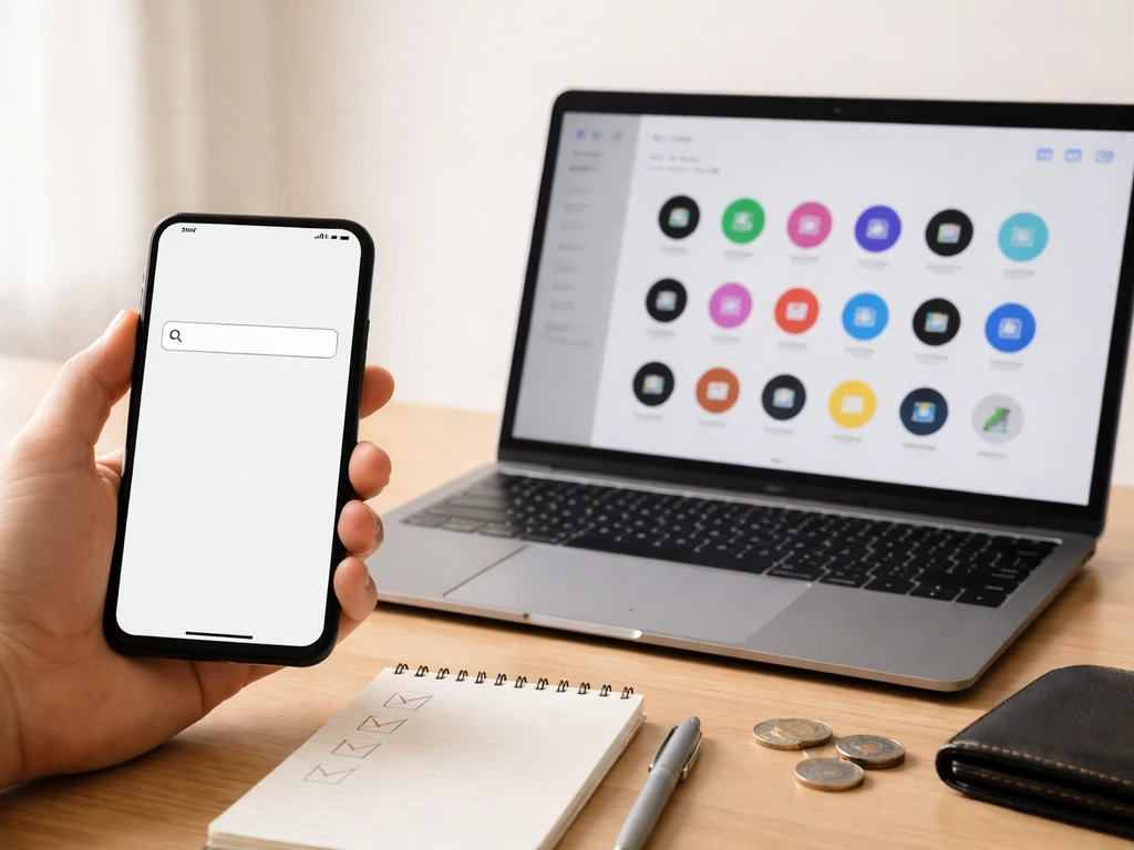 Minimal desk scene with smartphone, laptop, and media icons suggesting cross-checking an artist’s verified profiles