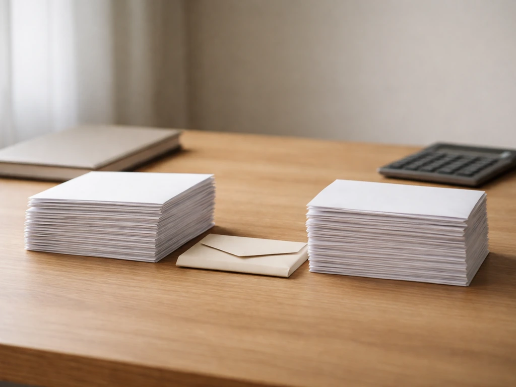 Minimal photo of a desk with a money envelope and a range-like stack of envelopes suggesting $7M–$10M