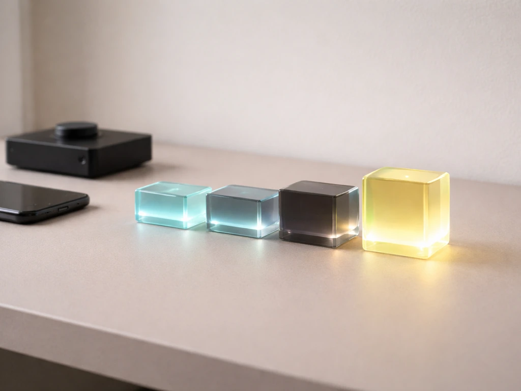 Minimal photo of a clean desk with a music streaming device and a simple multiplier-like arrangement of blocks