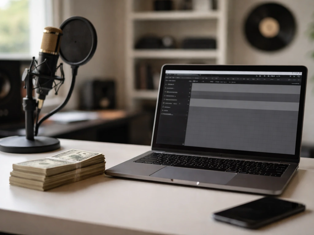 Minimal photo of a music studio desk with a smartphone, cash-like props, and a streaming device symbolizing label income