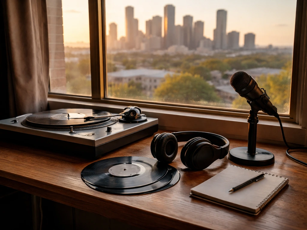 Arthur Coy Jr.-linked Houston independent label vibe: vintage studio desk with vinyl, headphones, and a city view.