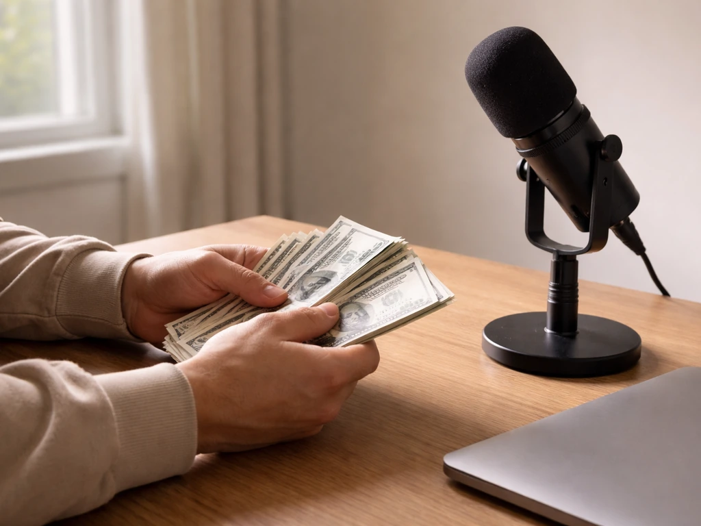 Anonymous hands counting cash beside a laptop and studio microphone on a simple table.