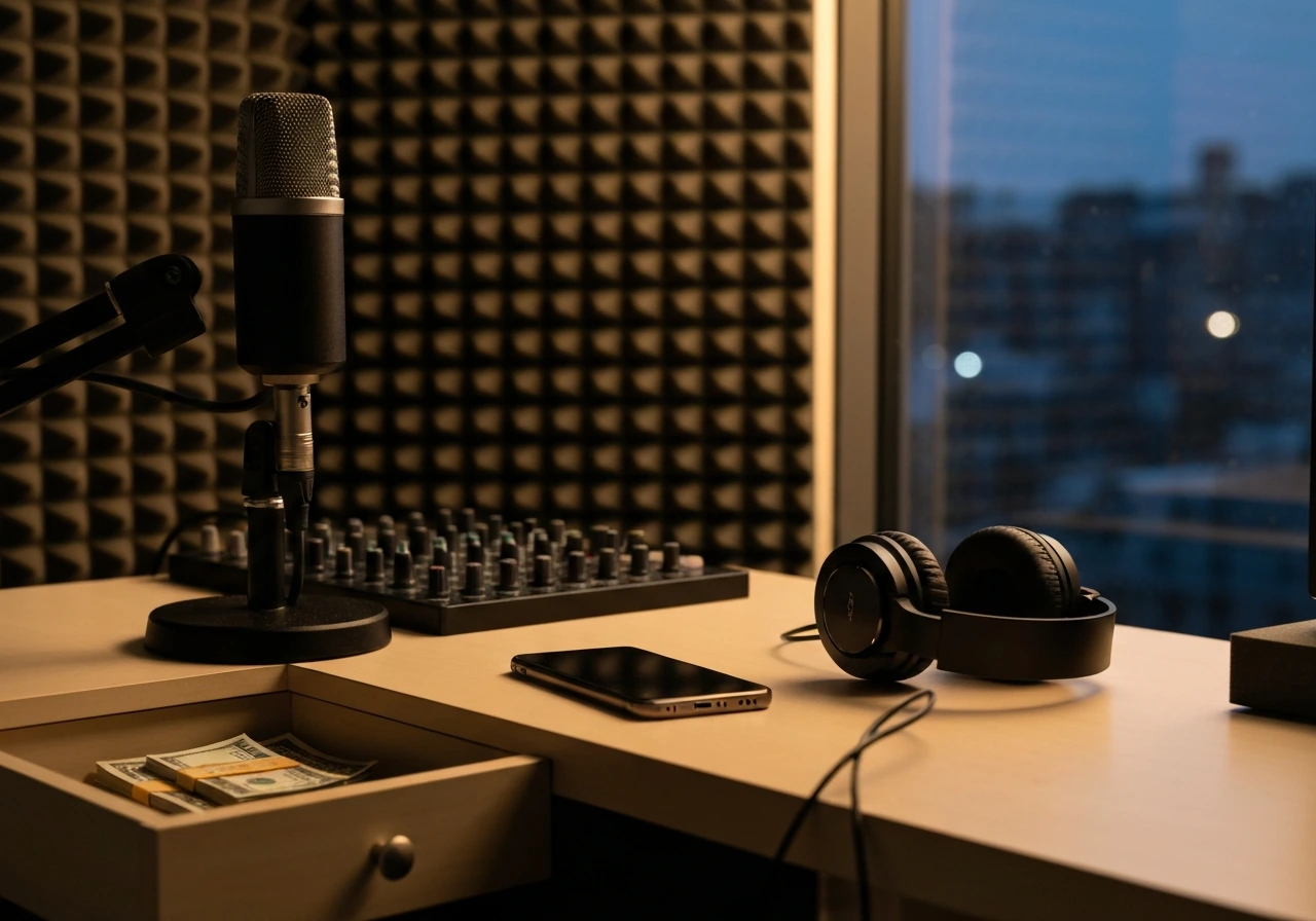 Anonymous music producer workspace with studio gear and cash-like props symbolizing net worth search