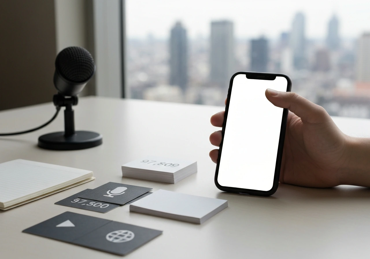 Desk with a smartphone and overlapping blank cards suggesting triangulation from media and audience signals.