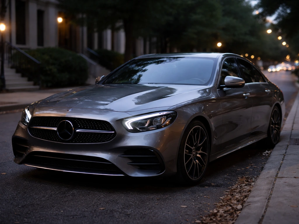 A Mercedes-Benz parked curbside at dusk, close front three-quarter view with soft street background blur.