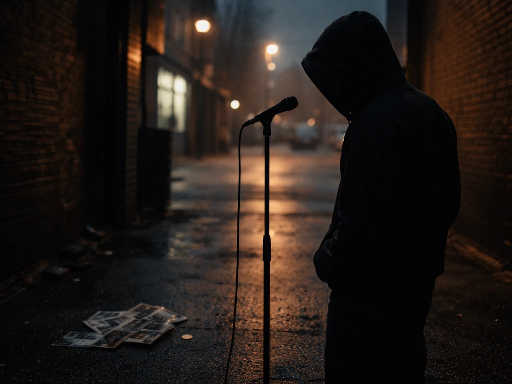 Gritty Far Rockaway streets at dusk with a hooded figure silhouette beside a microphone stand