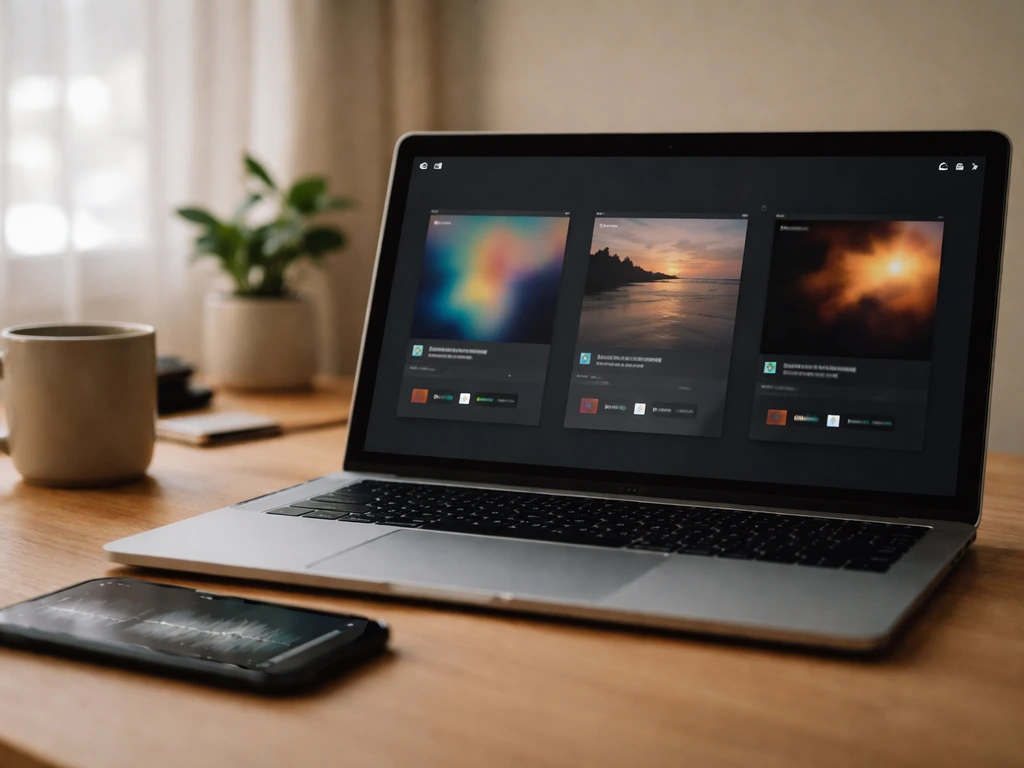 Laptop and phone on a wooden desk showing blurred music platform player tiles for streaming.
