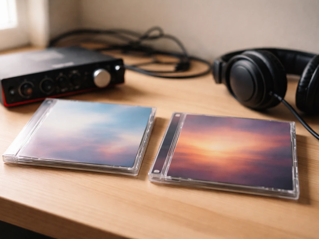 Two music albums on a studio desk with an audio interface, symbolizing collaborations and shared credits