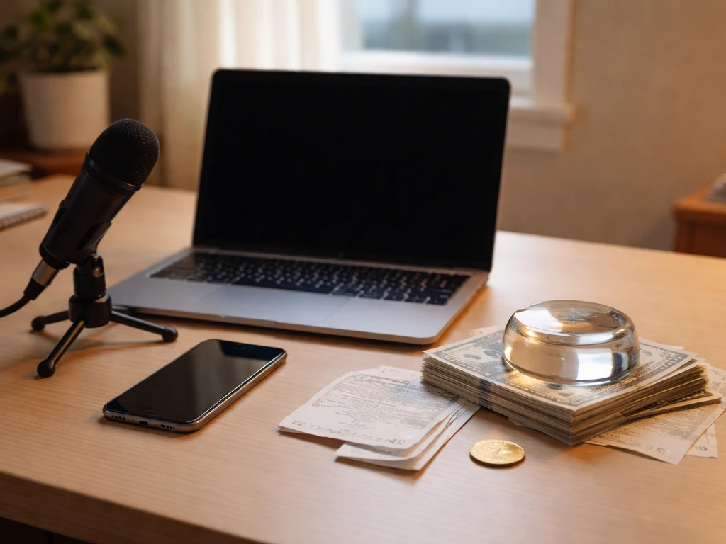 Minimal home office desk with microphone and cash, symbolizing media income drivers for a net worth estimate.