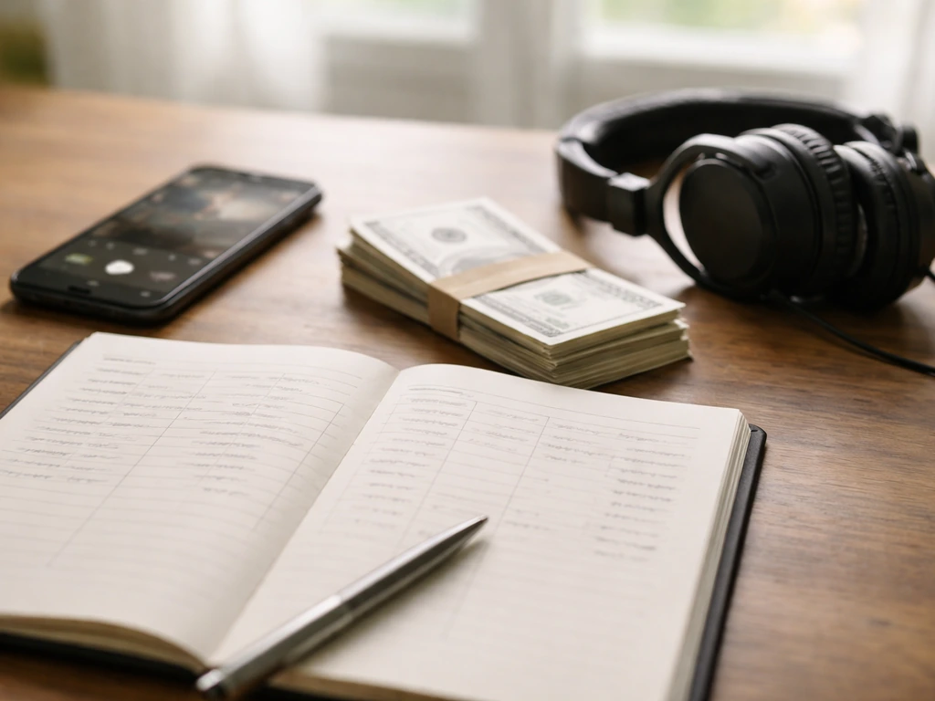 Desk with open notebook, studio headphones, smartphone, and cash symbolizing income inputs for a net worth estimate.