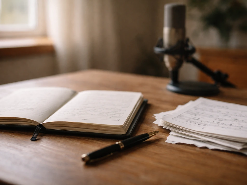 Anonymous musician’s desk with blank cue sheets, open notebook, and a studio microphone suggesting songwriting royalties