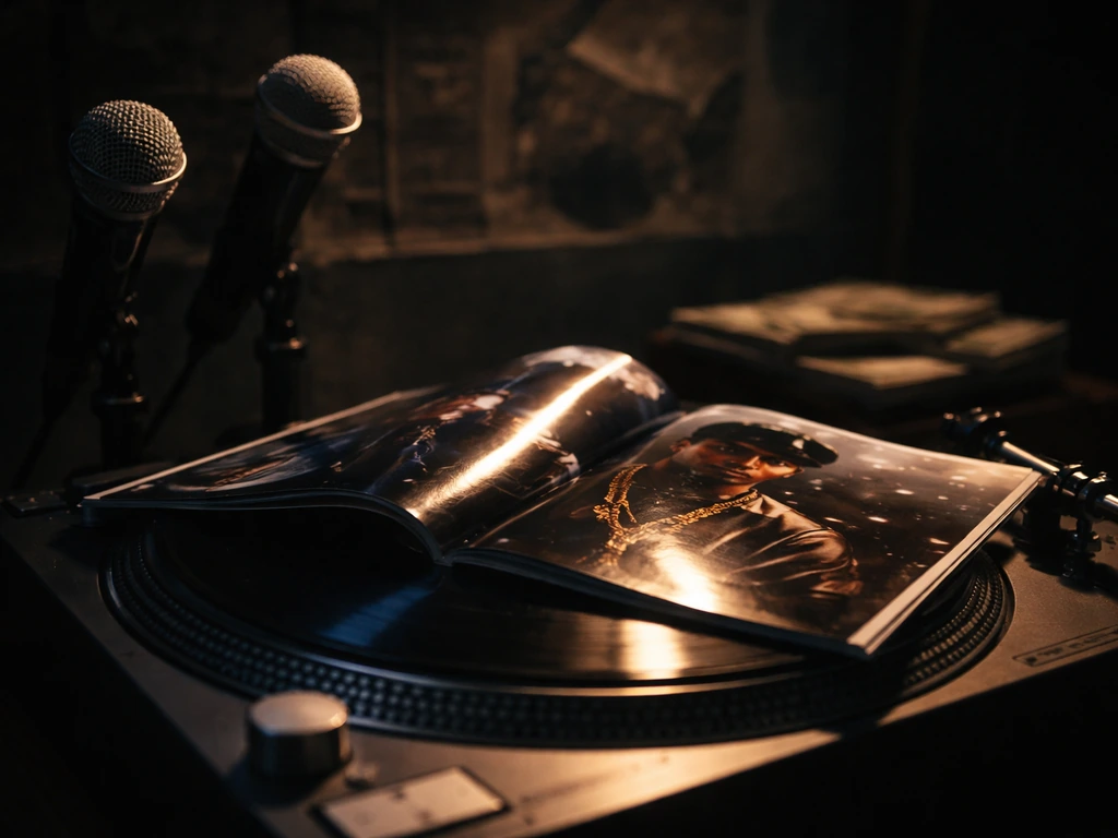 Glossy hip-hop themed magazine on a turntable with microphones in a moody studio setting