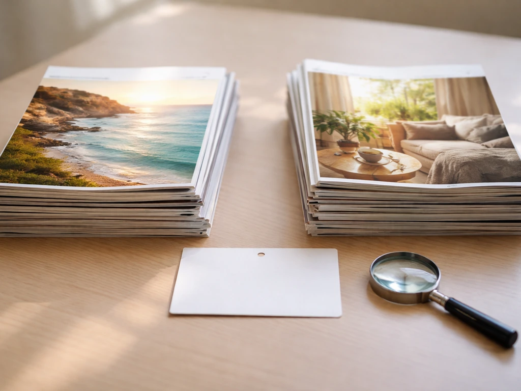 Two magazine stacks side-by-side on a desk with a magnifying glass, suggesting verifying the right brand.