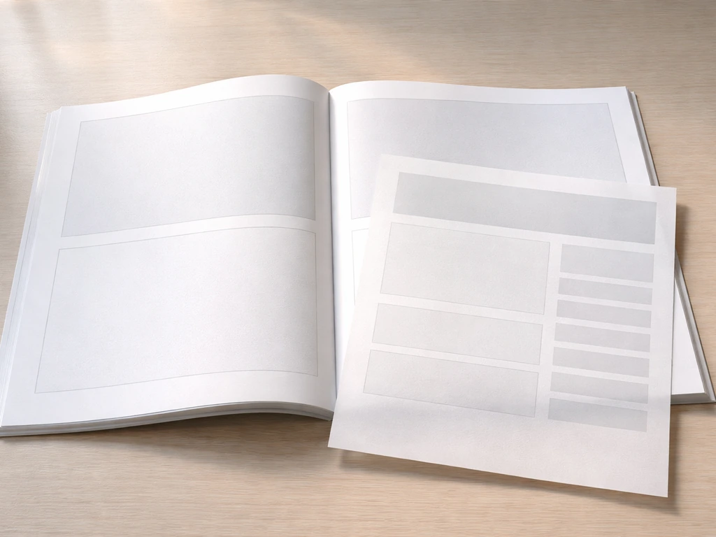Open magazine spread on a table with blank ad spaces and an unlabeled rate-card overlay.