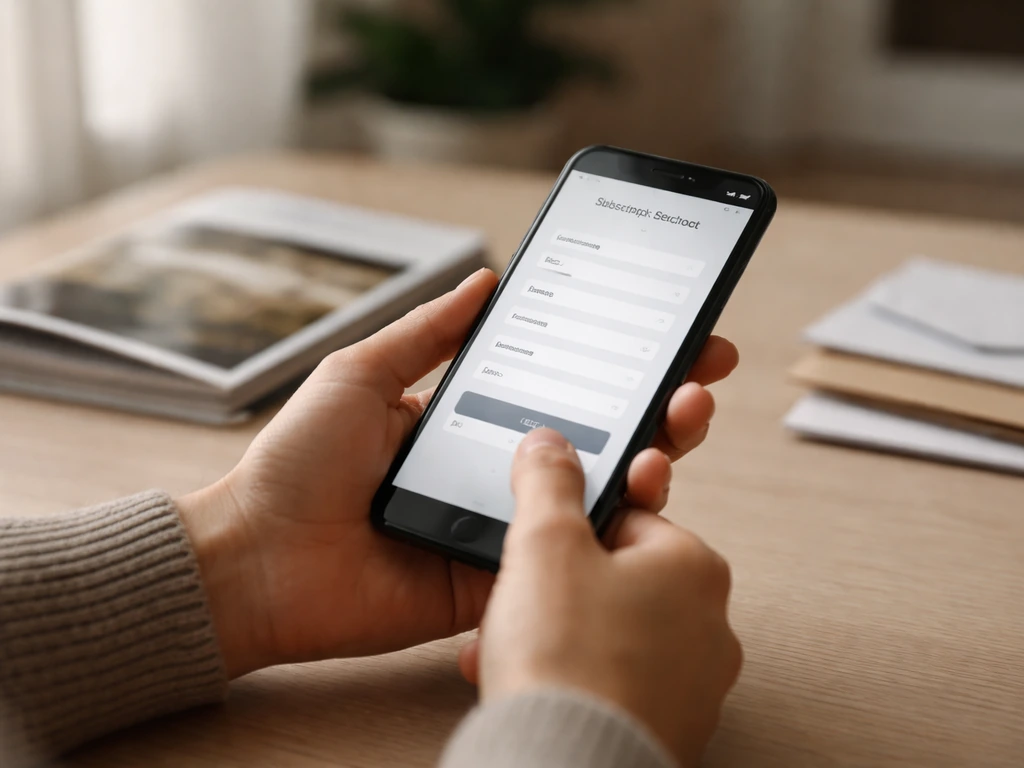 Anonymous hands using a smartphone to complete a magazine subscription checkout with a confirmation-style screen.