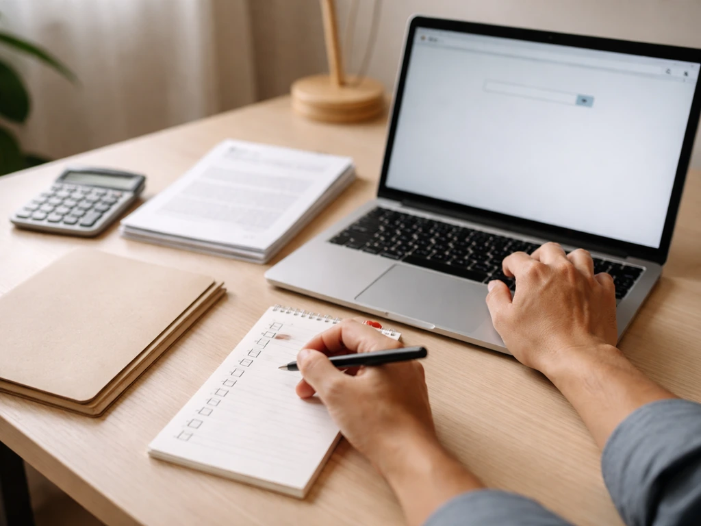 Person cross-checking financial documents with a laptop and notebook in a quiet home office