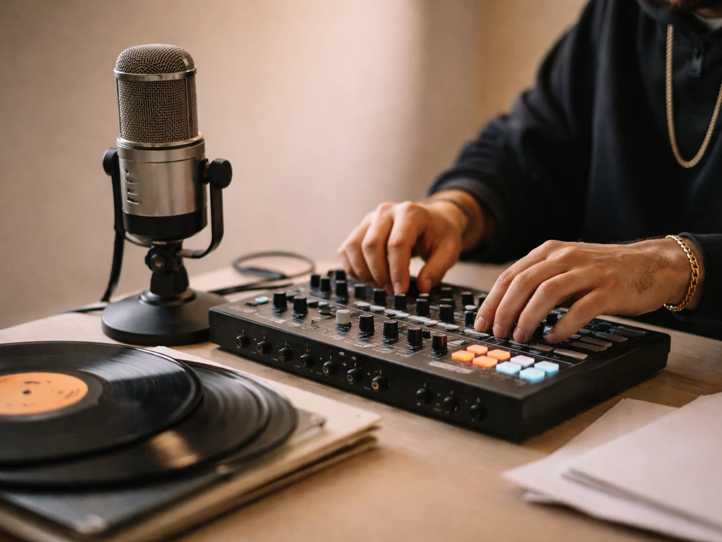 Minimal studio scene symbolizing hip-hop producer life, vinyl records and a microphone on a desk