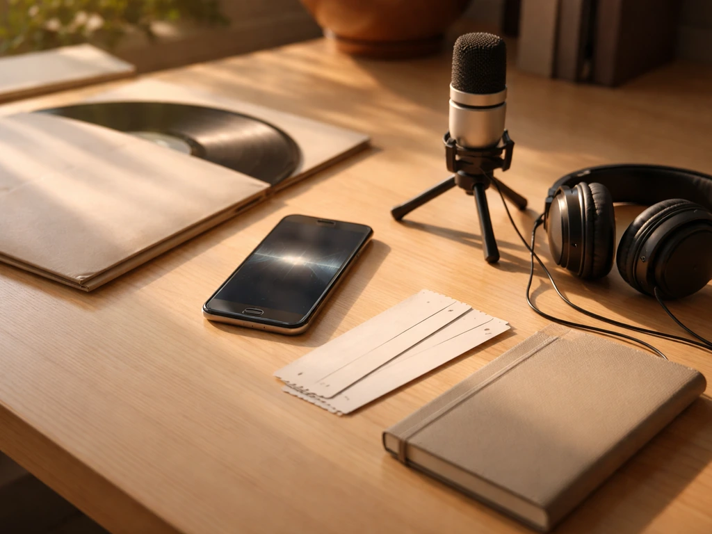 Minimal desk scene with vinyl, microphone, headphones, and blank tickets symbolizing music royalties and touring income.