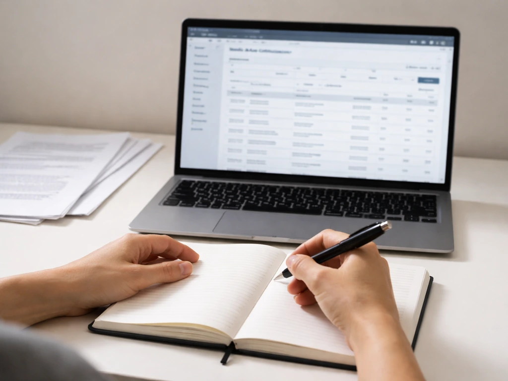 Hand holding a notebook beside a laptop showing generic media certification pages, suggesting DIY number verification.